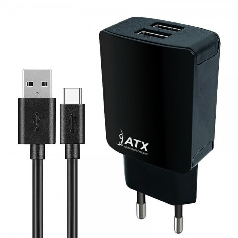 Tinklo įkroviklis 220V 5V 2.1A 2xUSB + USB C 1m juodas (black) ATX